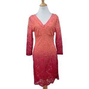 Boston Proper Ombre Lace Sheath Dress Womens 8 Pink Multi Quarter Sleeve V Neck